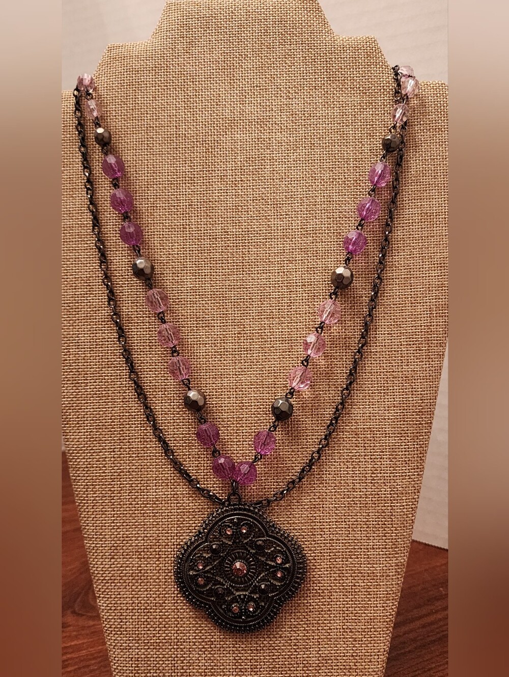 Vintage Pendant Necklace w/ a Chain & A Beaded Layer w/ Purple Pendant